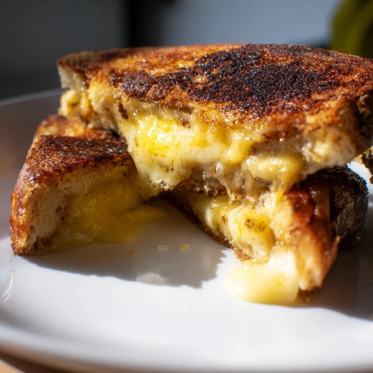 Perfectly cooked Custard French Toast Grilled Cheese sandwich, a satisfying melty, cheesy dish.