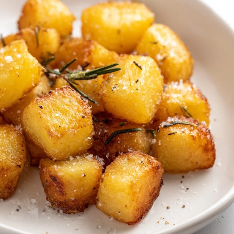 A close-up view of richly flavored Beef Tallow Roasted Potatoes, browned and delicious after roasting.