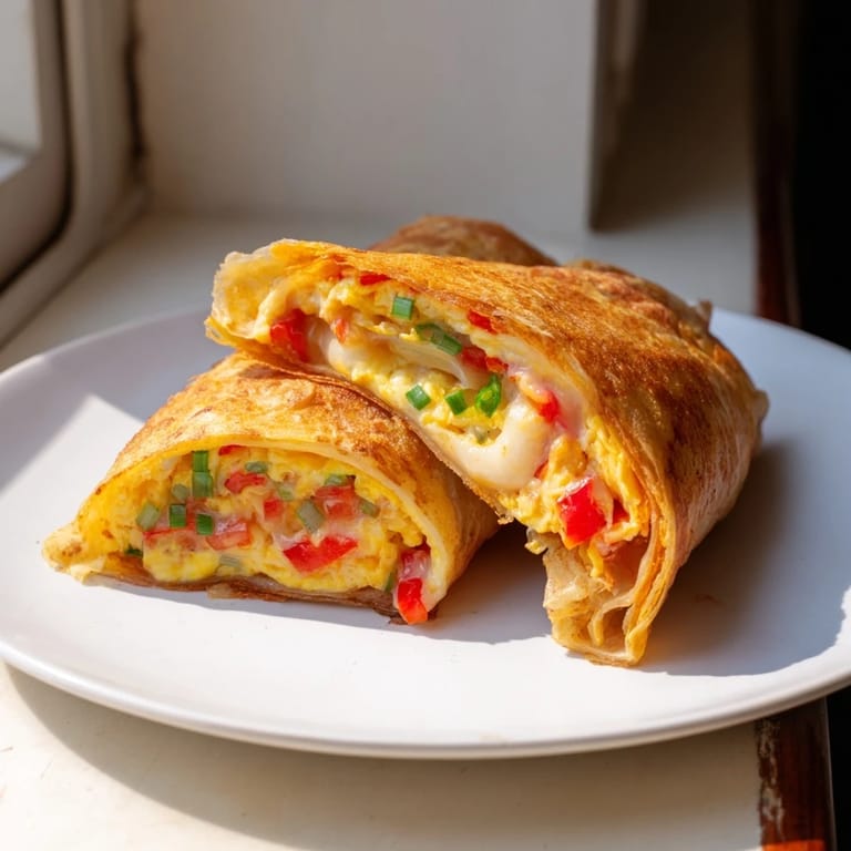 Mouthwatering image of a fresh, homemade Rice Paper Egg Cheese Wrap, ready to eat and enjoy.