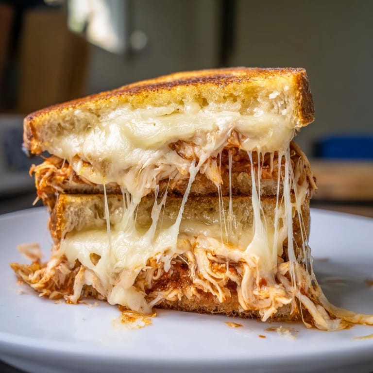 A close-up of a perfectly toasted Chili Crisp Honey Chicken Grilled Cheese sandwich with crispy edges.