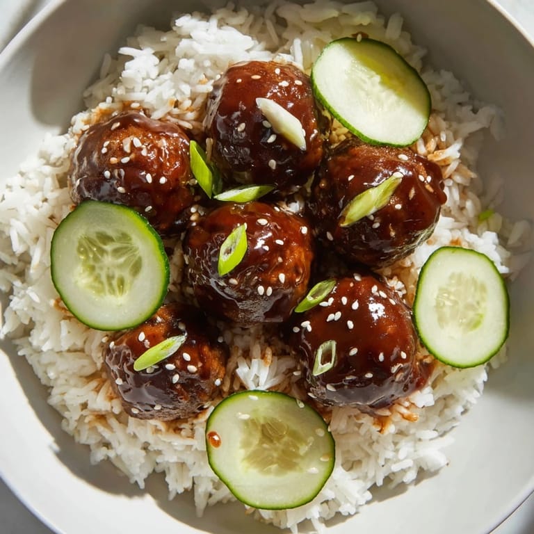 These colorful teriyaki meatball bowls feature glistening meatballs with savory sauce, ready for your enjoyment.
