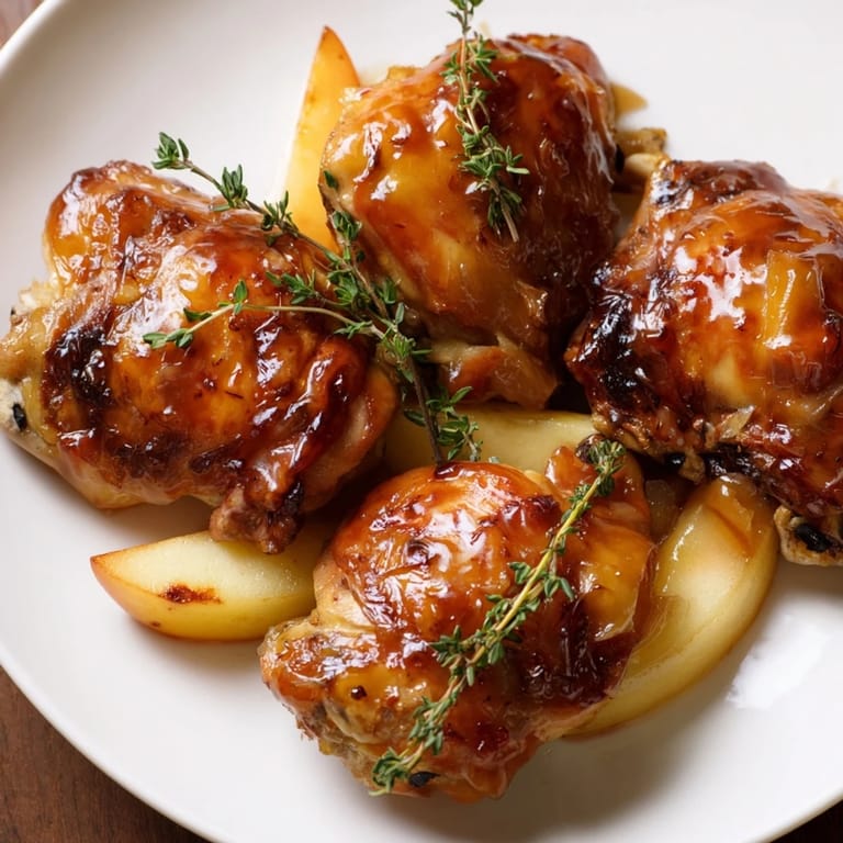 Oven-baked Sticky Maple Apple Chicken, featuring juicy chicken thighs and a sweet apple cider glaze for mealtime.