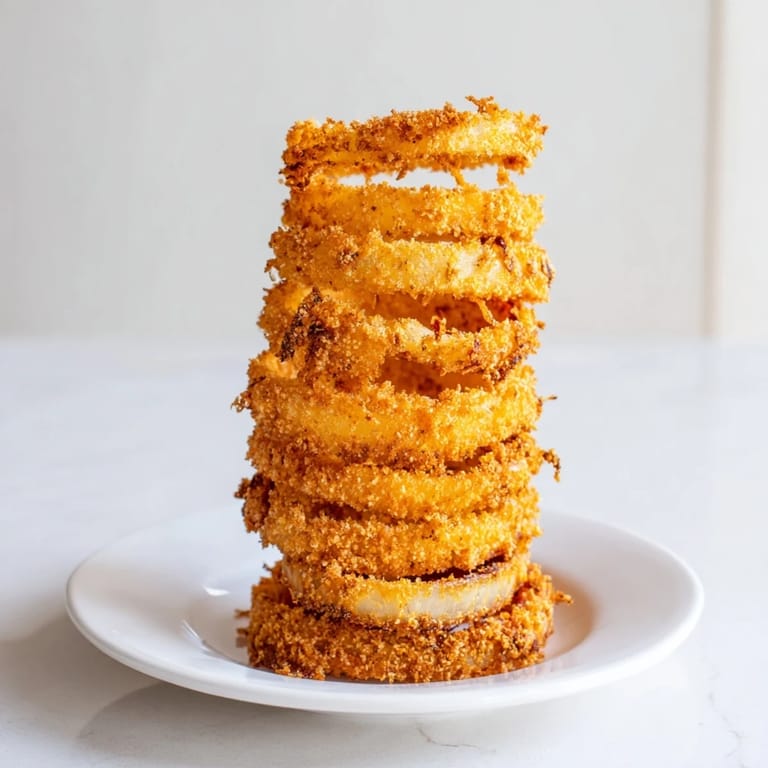 Imagine a towering stack of perfectly fried Crispy Onion Rings, with a flavorful, crispy coating.