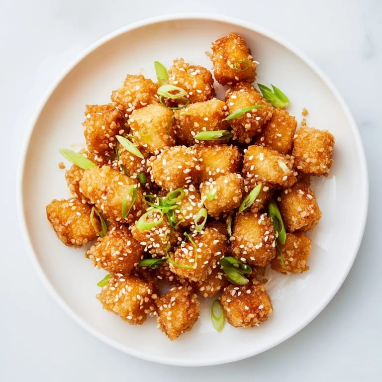Tempting view of air-fried Honey Sriracha Tofu Nuggets, coated in a glistening, flavorful glaze.