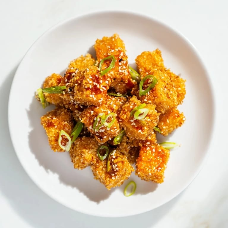 Perfect appetizer: Honey Sriracha Tofu Nuggets, sprinkled with sesame seeds, ready for a delicious bite.