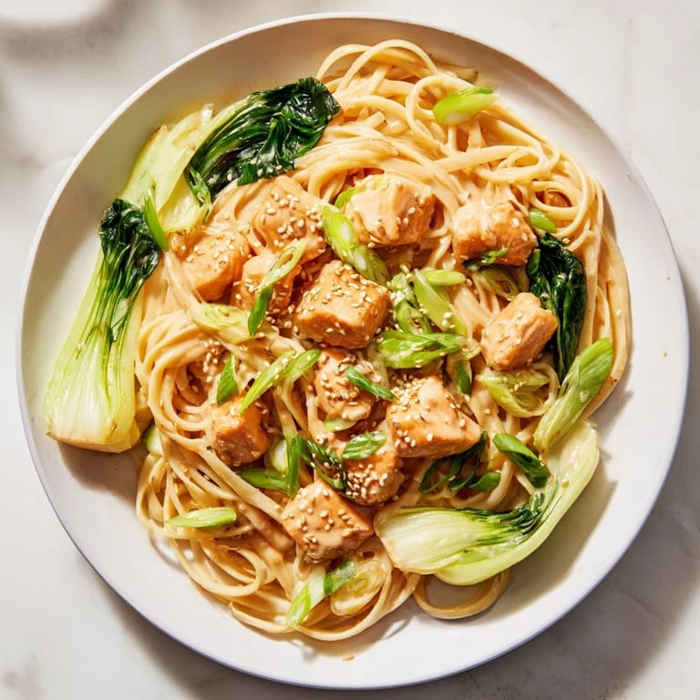 Savory miso butter salmon pasta, a delightful fusion dish with umami-rich flavors, close-up shot.
