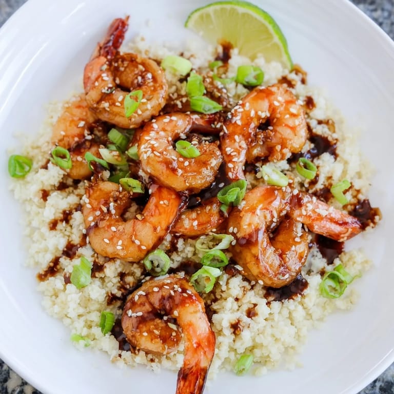 A vibrant bowl of ginger garlic shrimp, ready to enjoy with a savory soy drizzle and lime.