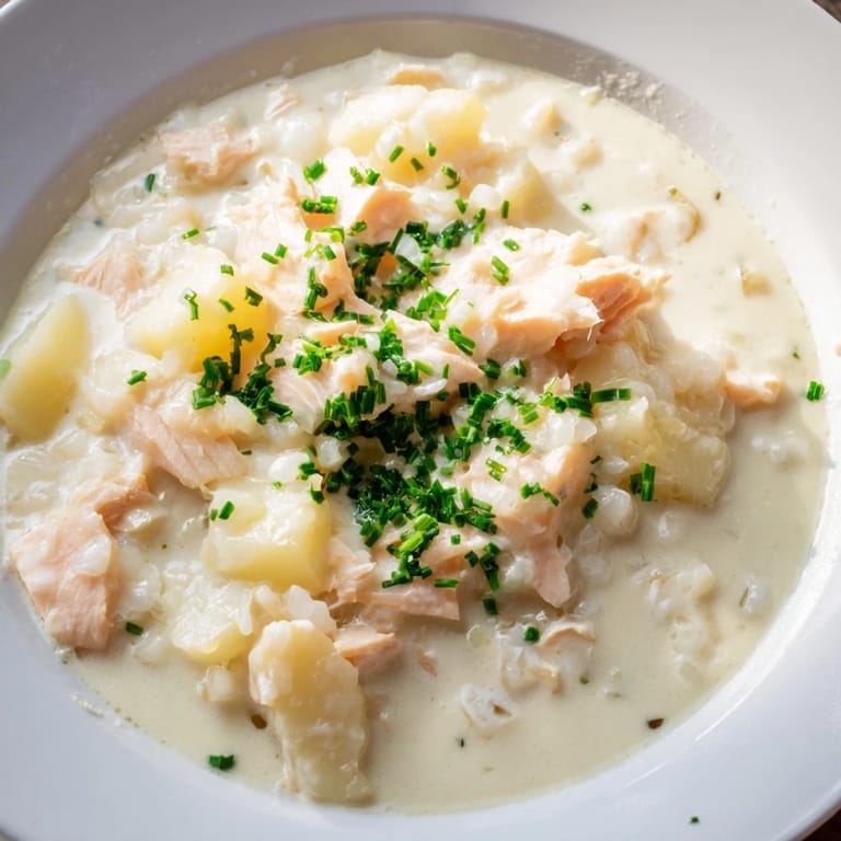 A close-up view of the savory Icelandic Fish Stew, garnished with fresh herbs and served warm.