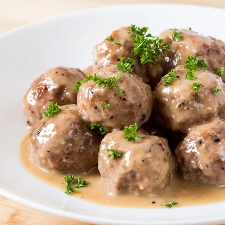 Enjoy the richness of homemade Swedish Meatballs, perfectly spiced and served with fresh parsley garnish.