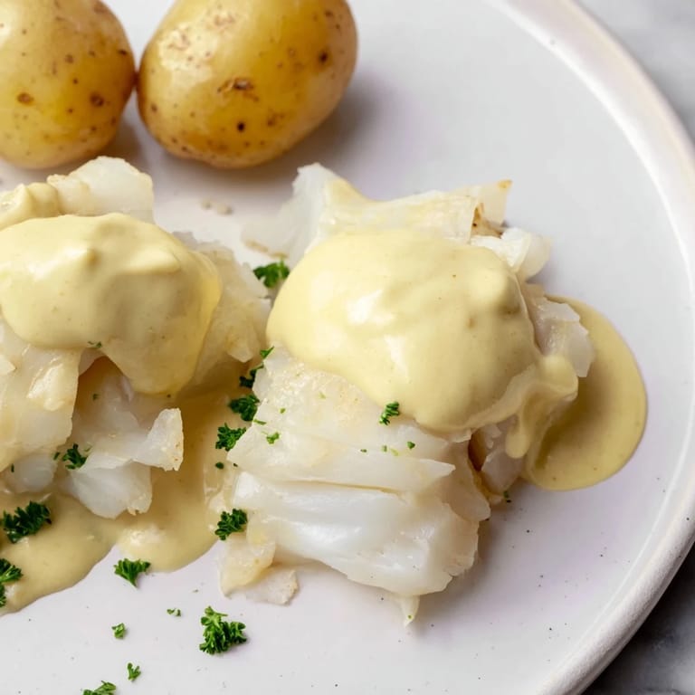 A plate of traditional Norwegian Lutefisk: delicate white fish and flavorful, savory mustard sauce.