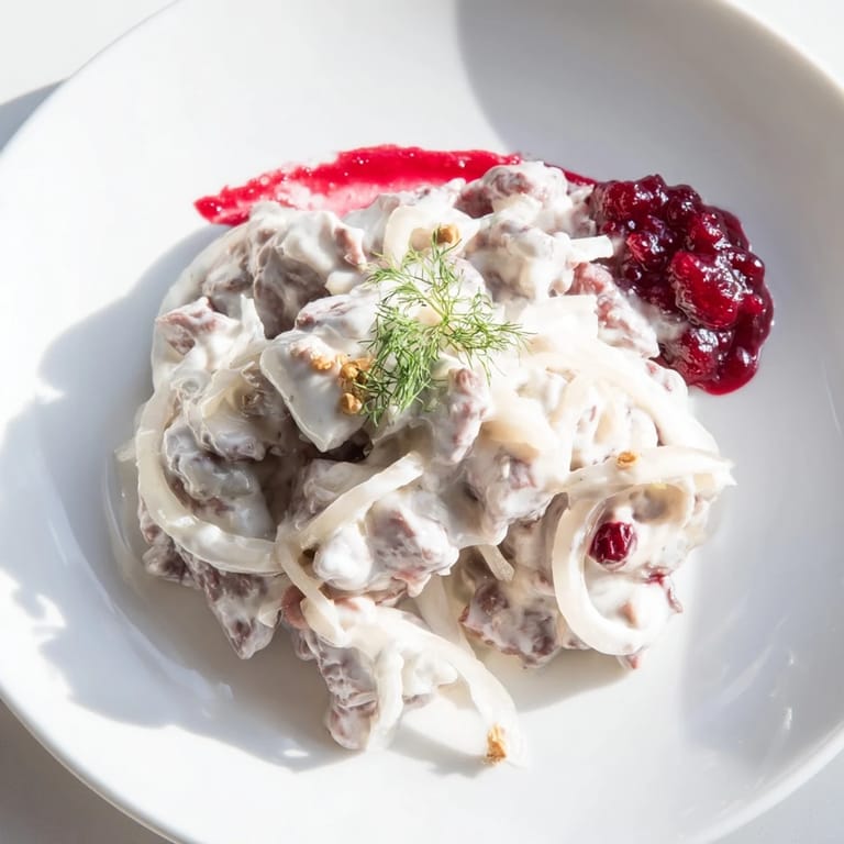 This Finnish Reindeer Stew features savory meat, onions, and a vibrant layer of lingonberries on the side.