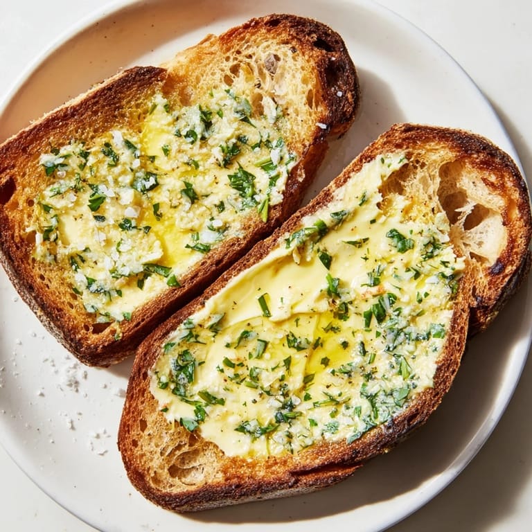 Aromatic Herb Butter Toast on a wooden board, featuring crusty artisan bread and fragrant fresh herbs.