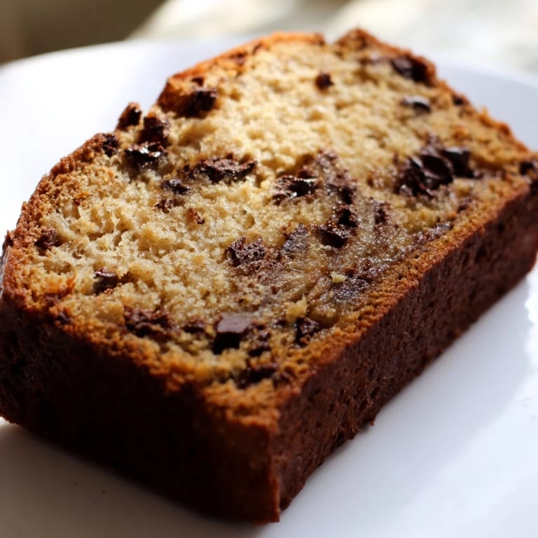 A close-up of moist banana bread with chocolate chunks, ready to be enjoyed as an easy, homemade snack.