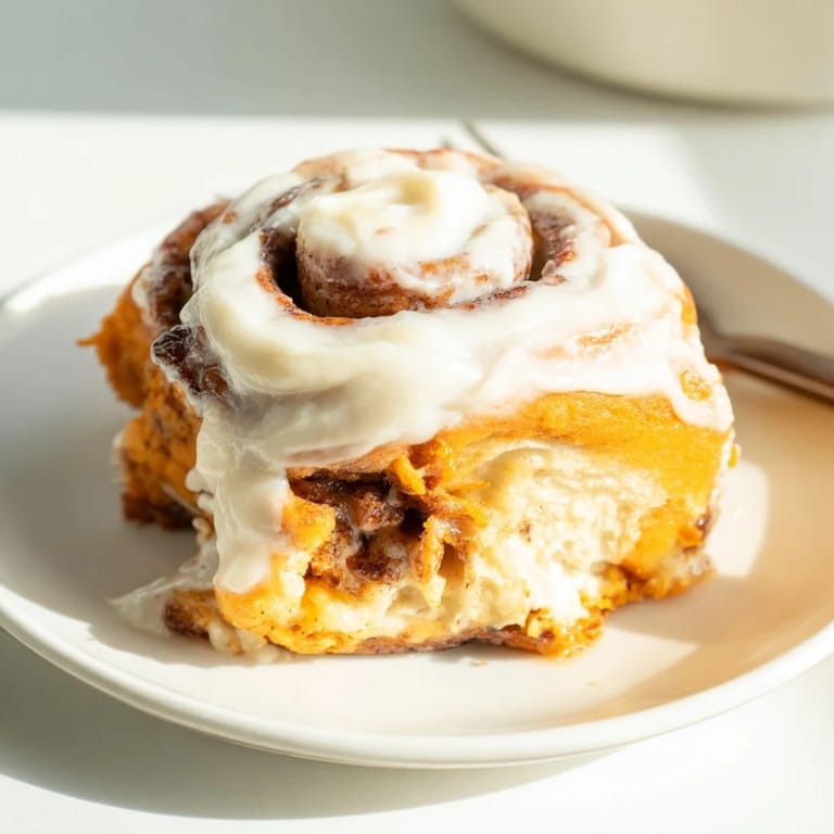 Freshly baked Pumpkin Cinnamon Rolls sit on a wooden board, their tender swirls steaming and ready for a sweet autumn breakfast.