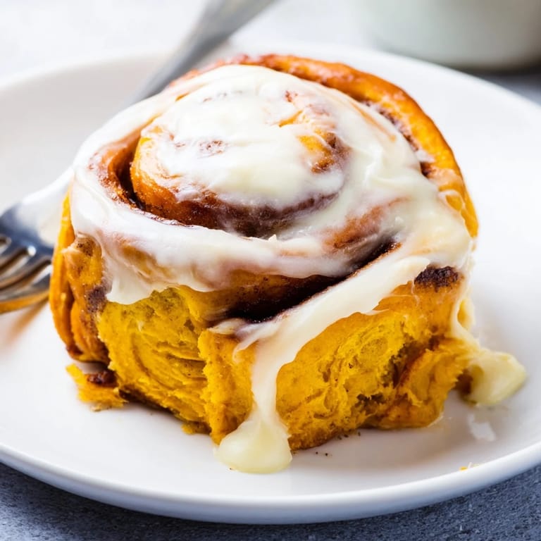 A close-up of warm Pumpkin Cinnamon Rolls shows the soft, pumpkin-infused dough and rich cinnamon sugar filling beneath melted frosting.
