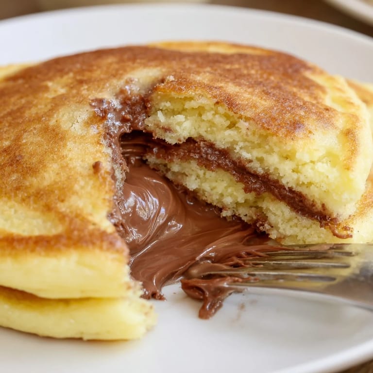 Homemade Nutella stuffed pancakes topped with fresh strawberries and syrup, ready for a cozy weekend brunch.