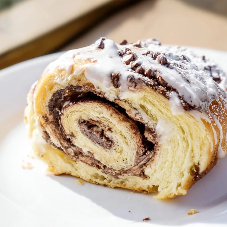 Warm Nutella chocolate chip rolls drizzled with glaze on a rustic wooden table, perfect for cozy breakfasts.  