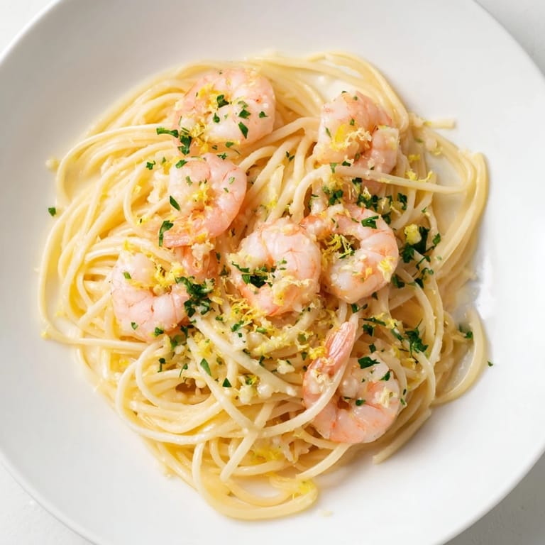 A skillet of sizzling Garlic Butter Shrimp Linguine awaits serving, with a garnish of lemon zest and a side of crusty bread for soaking up the rich sauce.
