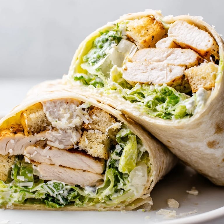 Golden-brown grilled chicken and crunchy croutons fill a warm tortilla, creating a satisfying Caesar Chicken Salad Wrap perfect for a quick lunch or picnic.