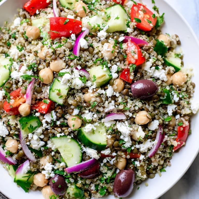 This Greek Power Salad shows vibrant red tomatoes, green cucumber slices, and a glistening zesty vinaigrette.