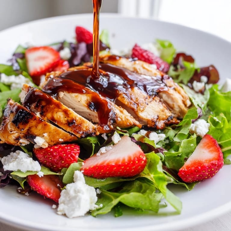Freshly grilled chicken, ripe strawberries, and crumbled goat cheese on salad greens, finished with sweet honey balsamic dressing.