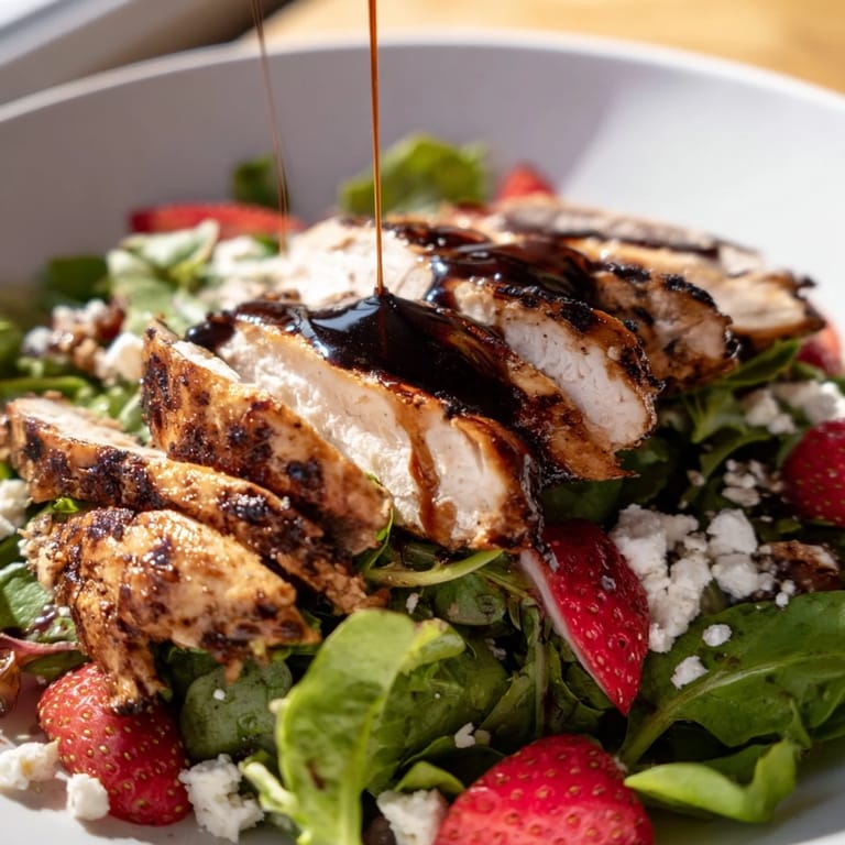 Juicy grilled chicken, sweet strawberries, and creamy goat cheese atop mixed greens, glistening with homemade honey balsamic glaze.