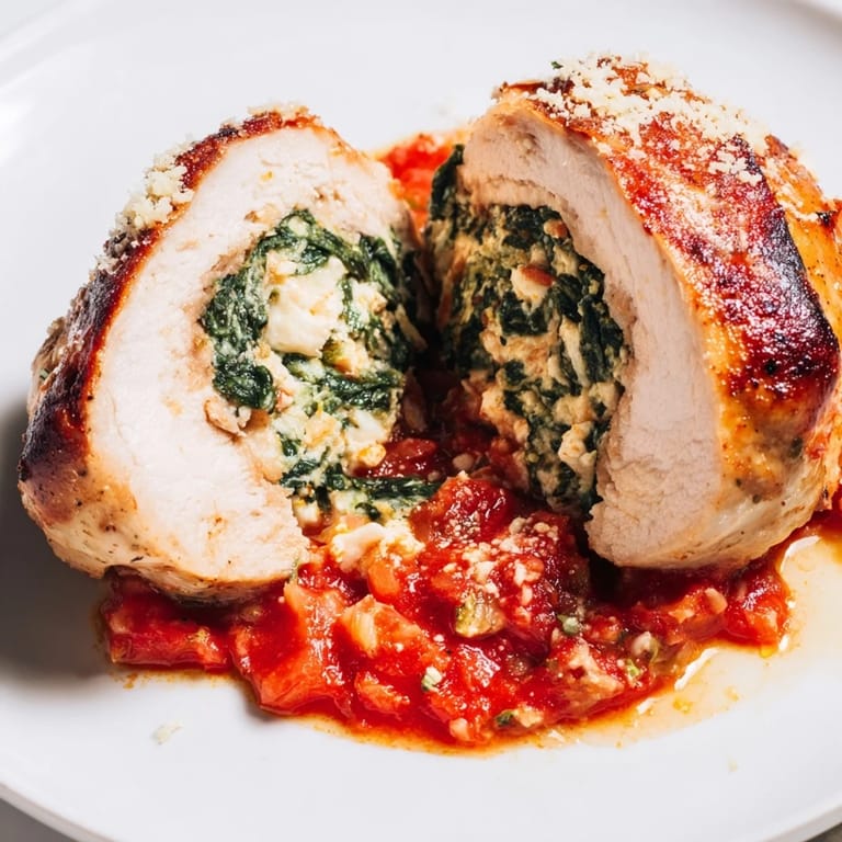 Bubbling Italian tomato sauce covers tender, cheese-stuffed chicken breasts, ready to serve over pasta or crusty bread.