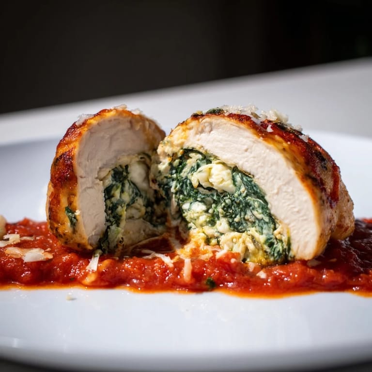 Freshly baked Spinach Ricotta Stuffed Chicken cut open to reveal creamy, vibrant green filling with melted Parmesan topping.