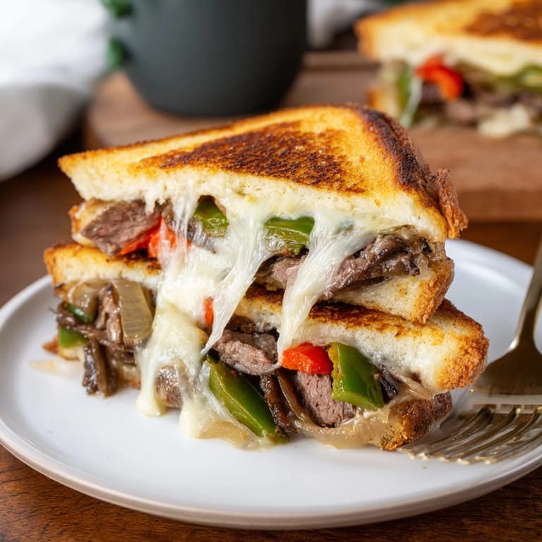 This Philly Cheesesteak Grilled Cheese is a gooey, savory lunch idea pressed until perfectly crispy.