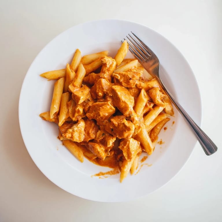 Golden-brown Chicken Tikka Pasta tossed with al dente penne, onions, and spices for a fusion meal.