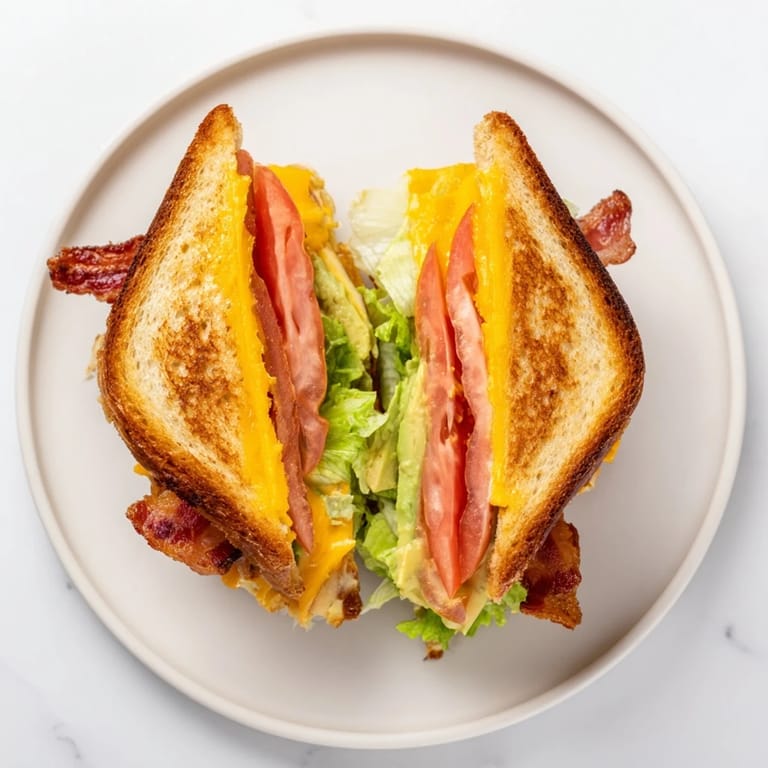 A close-up of an Avocado BLT Grilled Cheese in a skillet, featuring buttery sourdough bread toasted to perfection and gooey cheddar melting over the ingredients.