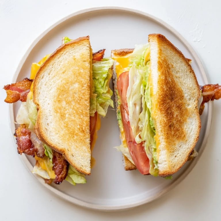 Overhead view of an Avocado BLT Grilled Cheese served on a wooden board, garnished with fresh avocado slices and a side of ripe tomato wedges.
