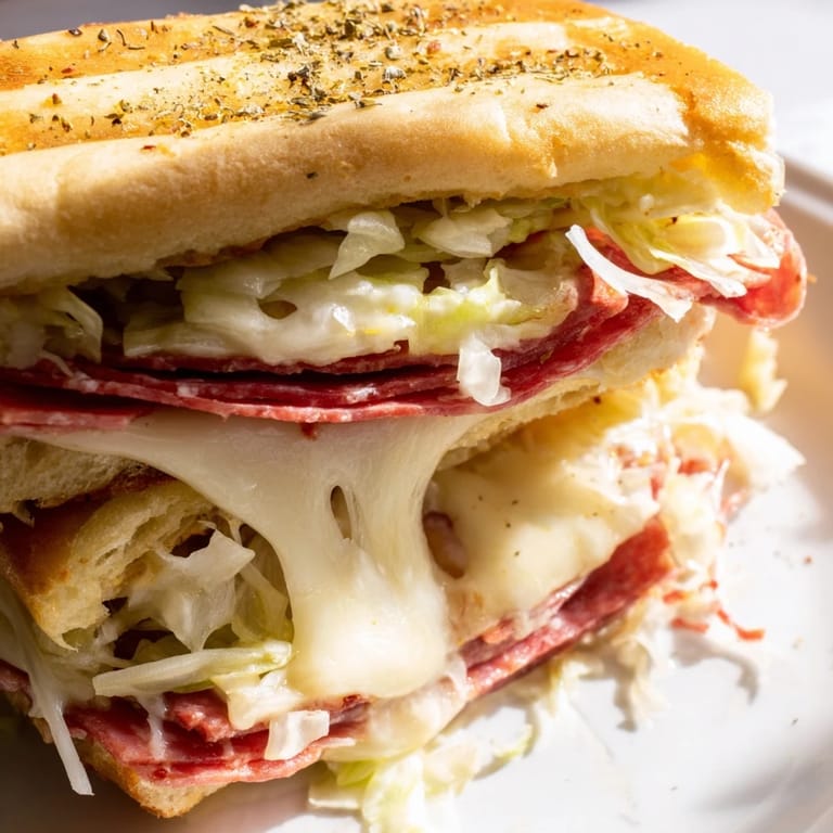 Two halves of an Italian Sub Grilled Cheese, featuring layers of salami and pepperoni, served on a rustic plate with a side of chips.