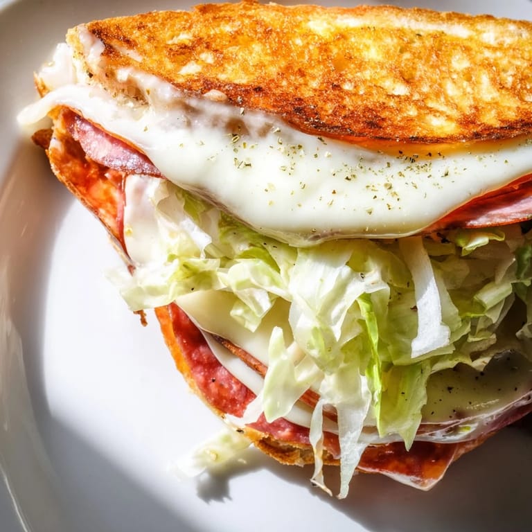 Close-up view of an Italian Sub Grilled Cheese, highlighting the melted cheese, vibrant shredded lettuce, and golden, crispy grilled bread crust.