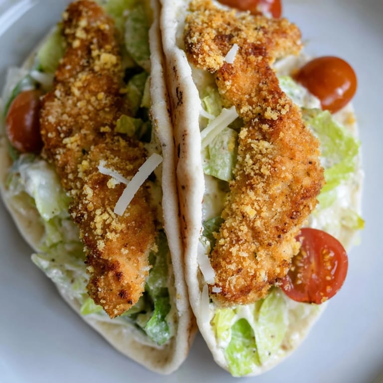 Crispy Chicken Caesar Pita served with lemon wedges and fresh cherry tomatoes, offering a handheld Mediterranean-inspired lunch perfect for a quick, satisfying meal.