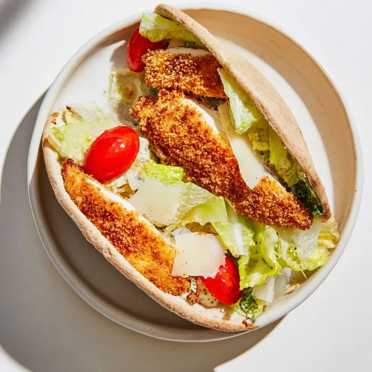 Freshly made Crispy Chicken Caesar Pita showing golden chicken strips, vibrant green romaine, and drizzles of creamy dressing inside a toasted pita bread.