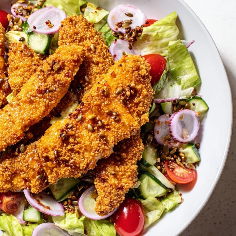 Golden chicken strips glazed with spicy hot honey shine atop this hearty salad with seeds and herbs.  