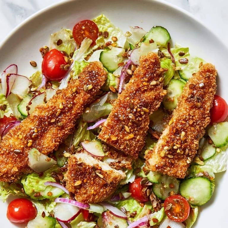 Warm hot honey drizzles over crunchy chicken and fresh veggies in this satisfying Crispy Hot Honey Chicken Salad.