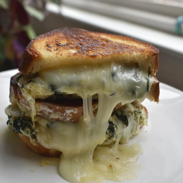 The Artichoke Spinach Grilled Cheese sandwich reveals a creamy, warm filling speckled with greens on a golden crust.  
