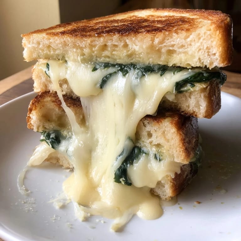 Artichoke Spinach Grilled Cheese on buttery sourdough, with visible spinach and artichoke chunks beside a bowl of soup.