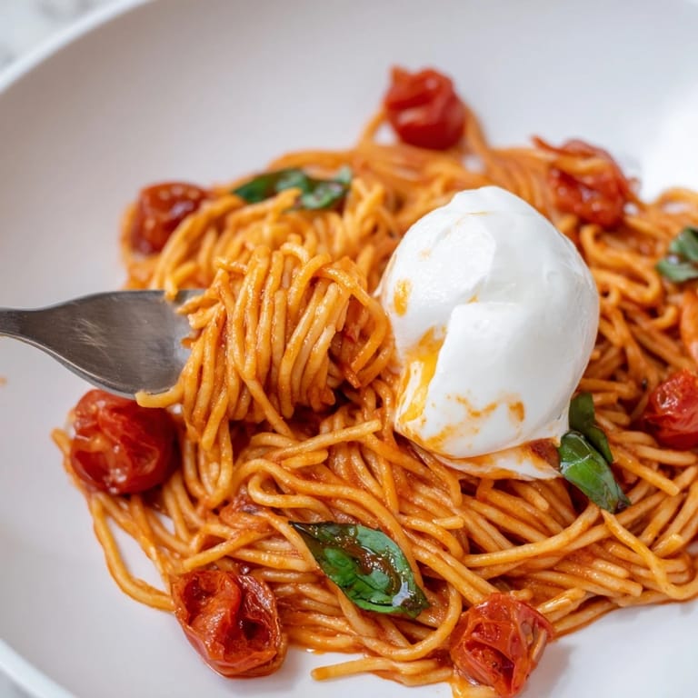 Serving platter of burrata Caprese pasta topped with fresh basil and olive oil.