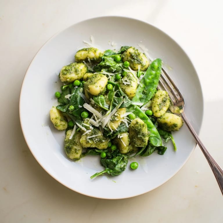 Crispy shelf-stable gnocchi sizzling with minced garlic, peas, and spinach in a skillet for a flavorful Italian-inspired meal.