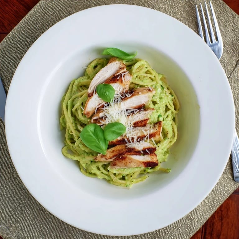 A close-up of Creamy Avocado Chicken Pasta showing silky sauce clinging to spaghetti and juicy grilled chicken pieces, ready to serve.