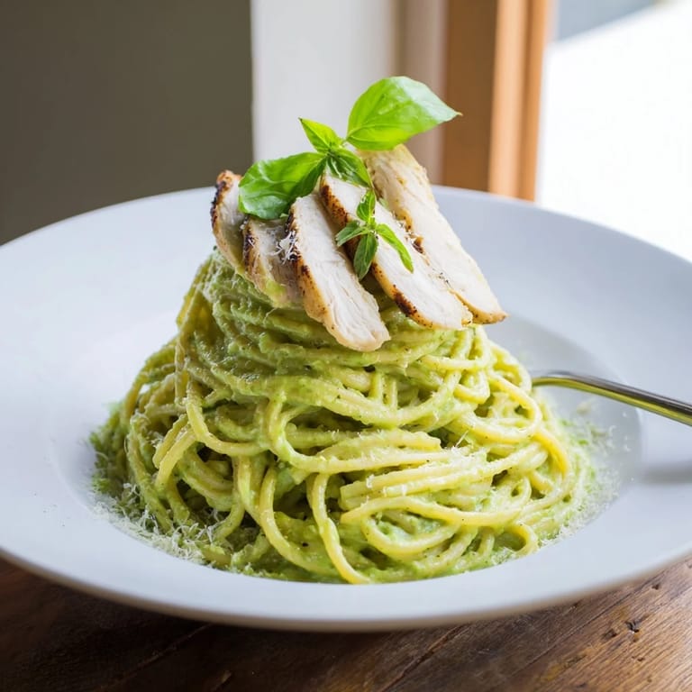 Plated Creamy Avocado Chicken Pasta with lemon zest and Parmesan, perfect for a quick, nourishing dinner with vibrant colors.