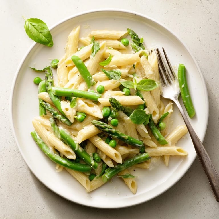 Overhead view of Garlic Parmesan Spring Vegetable Pasta garnished with lemon zest and grated Parmesan, served steaming on a white plate.  