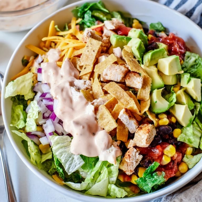 Ready-to-serve Chicken Taco Chopped Salad topped with diced avocado, cheese, and a drizzle of Tex-Mex salsa ranch.