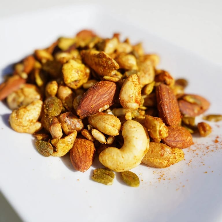 Warm Spiced Nuts and Seeds Mix cooling on a baking sheet, releasing a fragrant blend of smoked paprika and cumin.