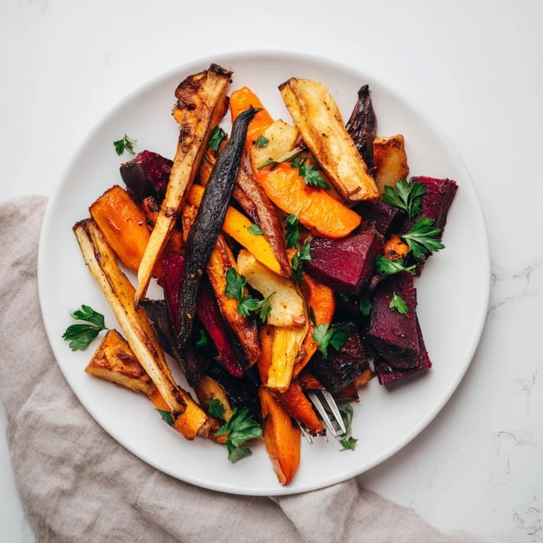 Colorful roasted root vegetable medley featuring golden sweet potato and rutabaga, garnished with fresh parsley for a vibrant side dish.