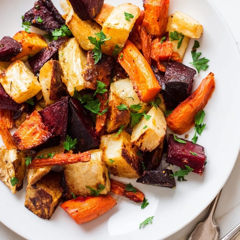 A close-up of tender roasted root vegetable medley, caramelized edges and fresh thyme, ready to serve warm for dinner.