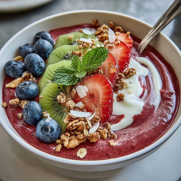 Thick Beet and Berry Smoothie Bowl layered with fresh berries and chia seeds, offering a colorful and energizing start to your day.